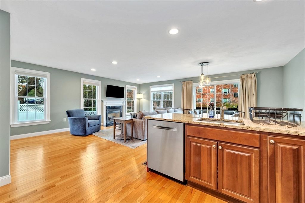 Dining room, Fireplace, Interior, Kitchen, Living room, Pendant Lights, Recessed Lighting, Wood Texture Flooring