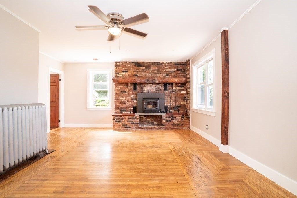 Empty room, Fireplace, Interior, Stone Walls, Wood Texture Flooring