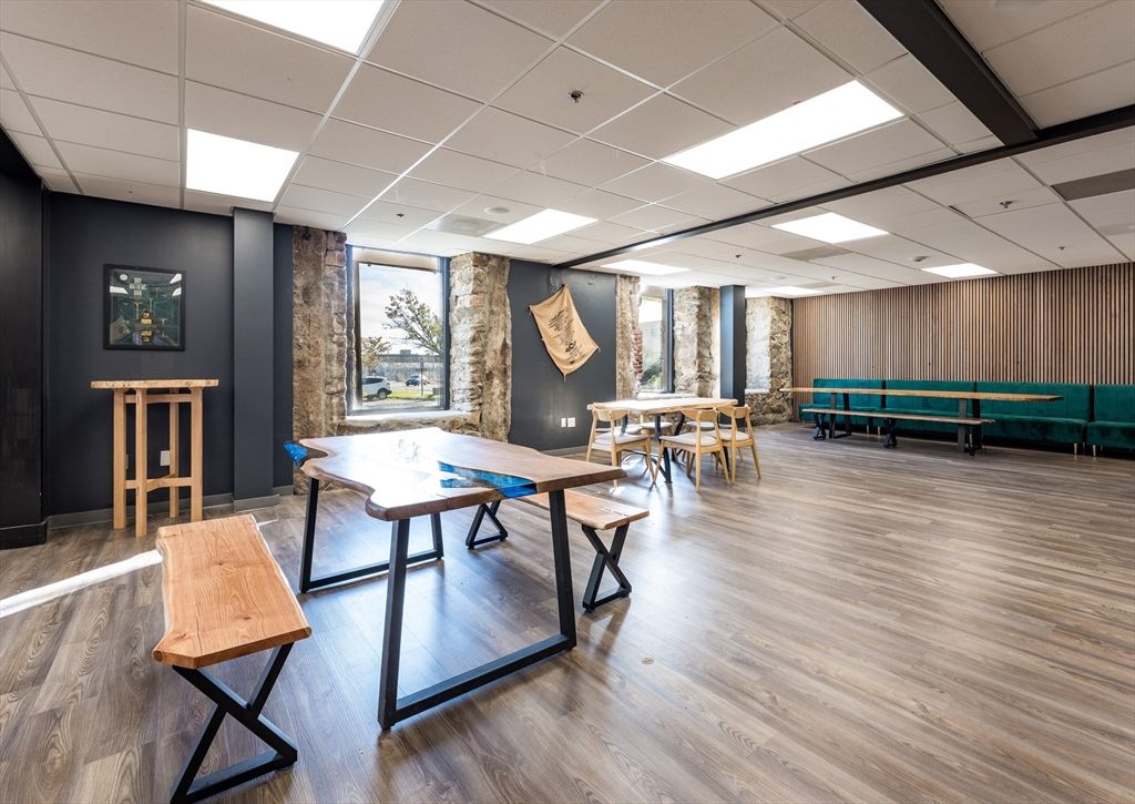 Dining room, Game Room, Interior, Recessed Lighting, Stone Walls, Wood Texture Flooring