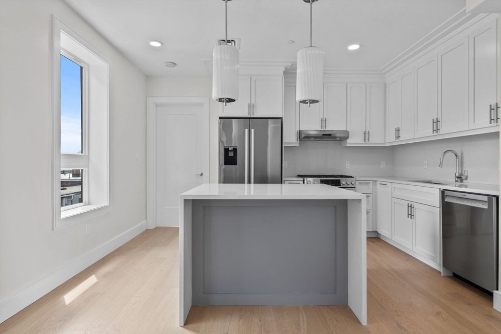 Interior, Kitchen, Pendant Lights, Recessed Lighting, Stainless Steel Appliances, Wood Texture Flooring