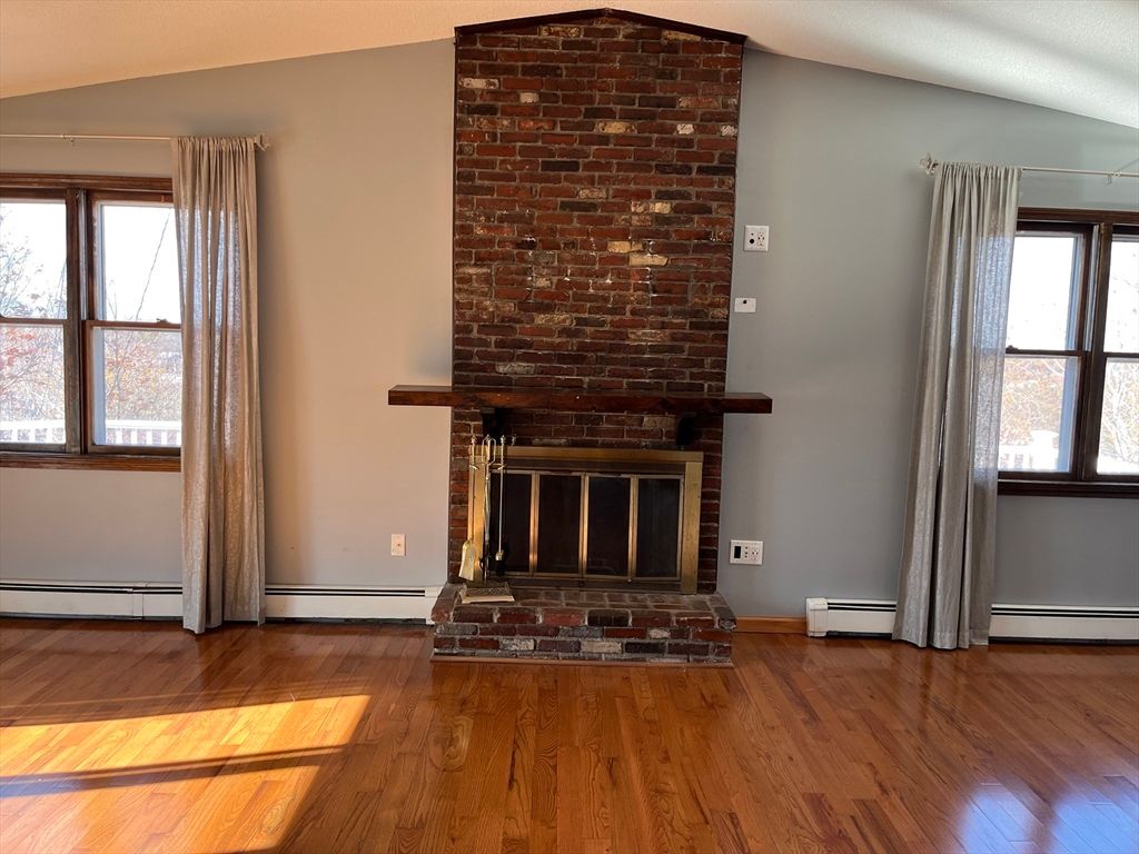 Empty room, Fireplace, Interior, Stone Walls, Wood Texture Flooring