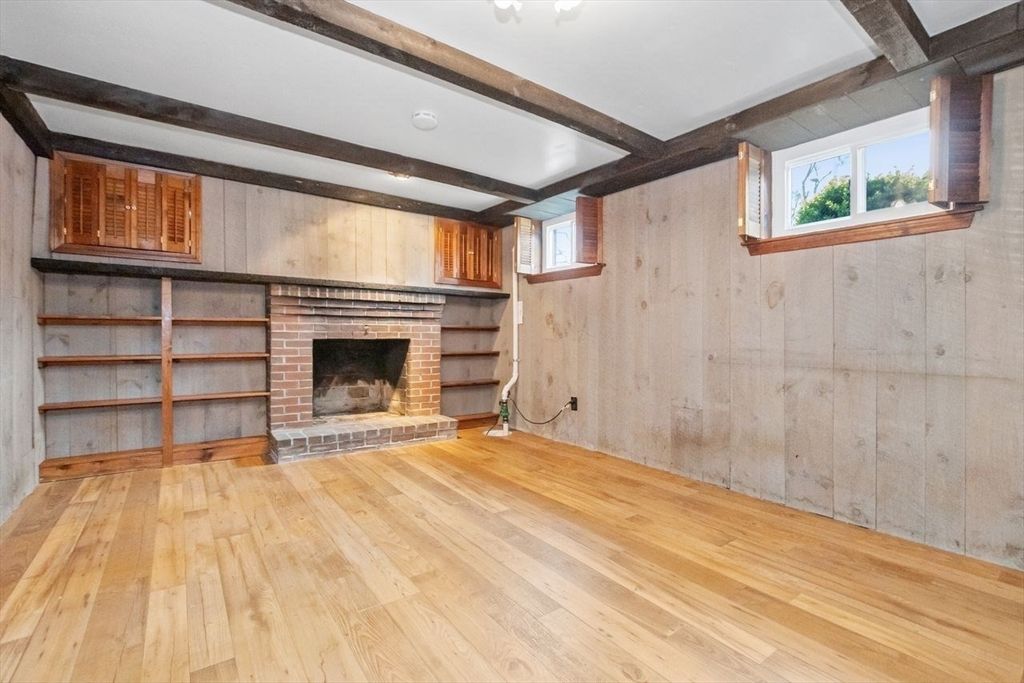Empty room, Fireplace, Interior, Recessed Lighting, Wood Texture Flooring, Wooden Walls