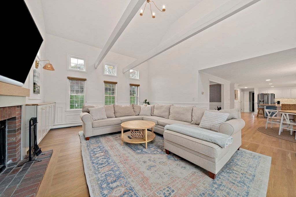 Dining room, Fireplace, Interior, Kitchen, Living room, Pendant Lights, Recessed Lighting, Wood Texture Flooring