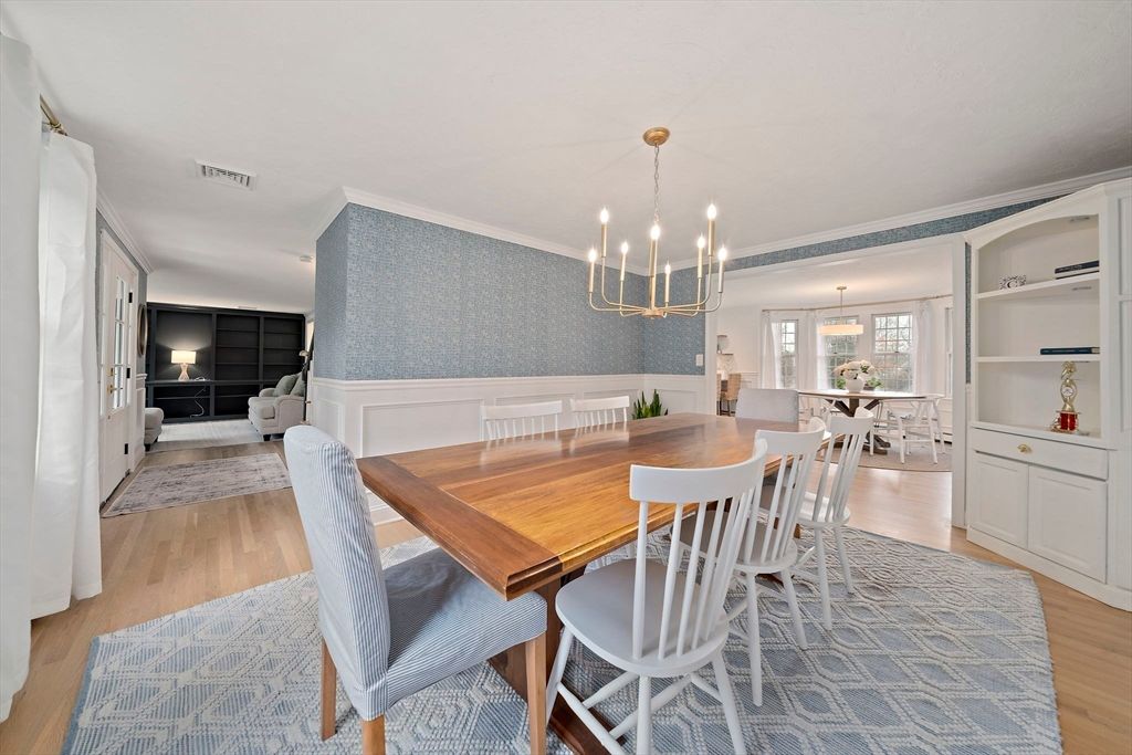 Dining room, Interior, Pendant Lights, Wood Texture Flooring