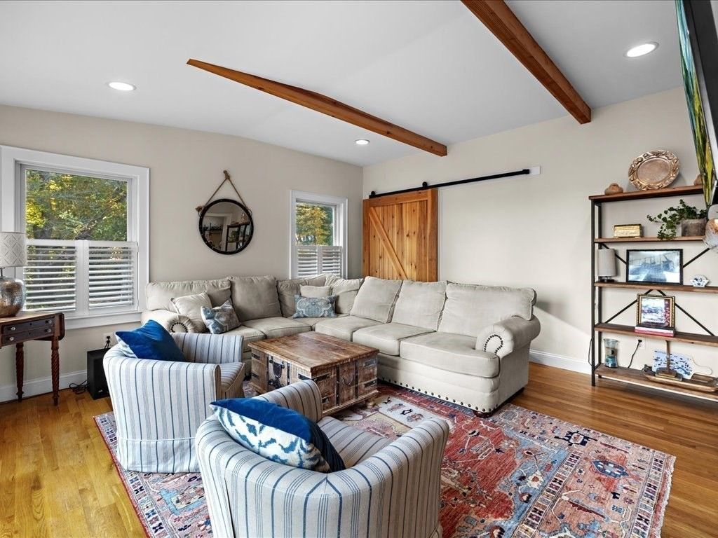 Interior, Living room, Recessed Lighting, Wooden Beams, Wood Texture Flooring