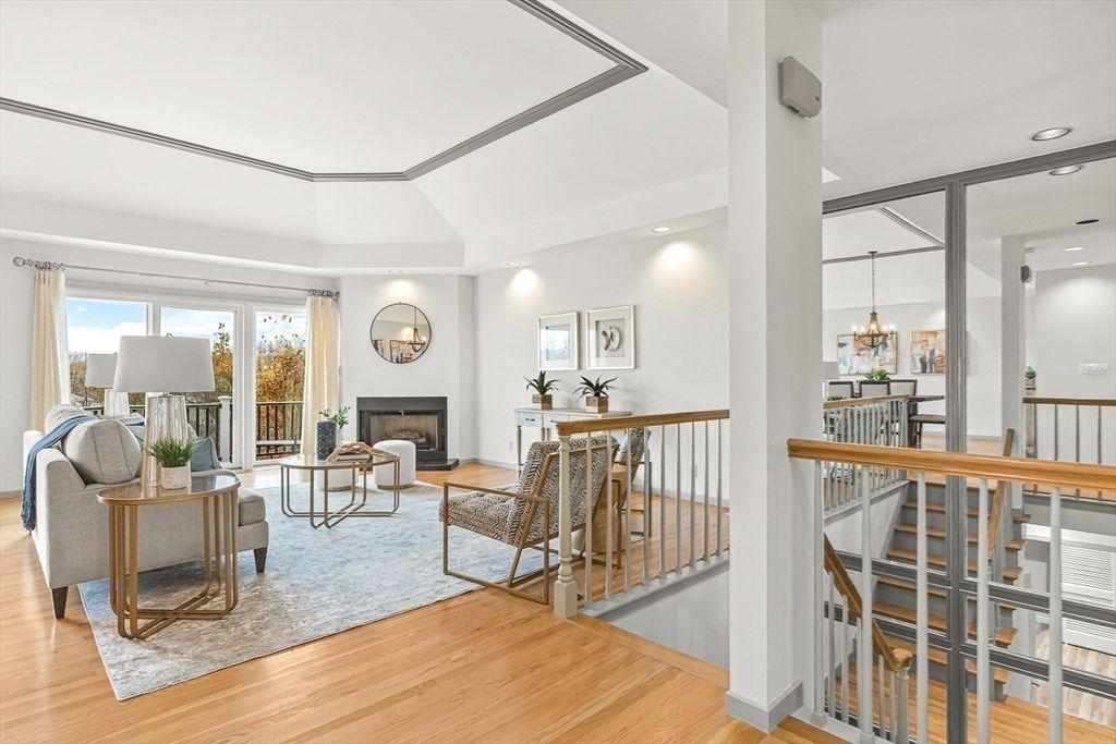 Chandelier, Fireplace, Interior, Living room, Recessed Lighting, Wood Texture Flooring