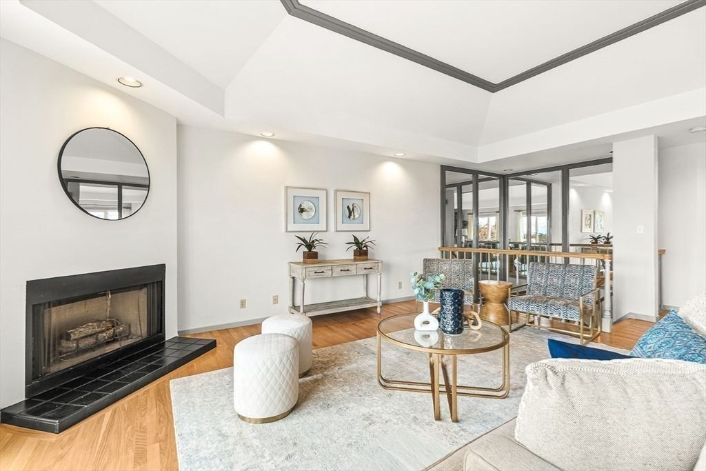 Fireplace, Interior, Living room, Recessed Lighting, Wood Texture Flooring