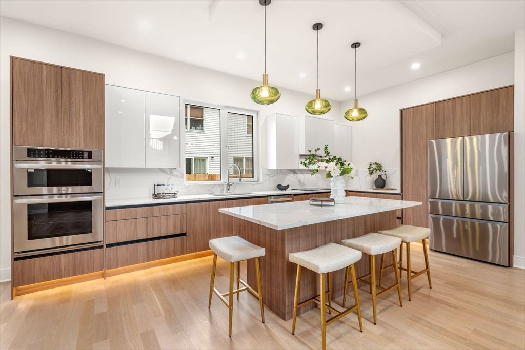 Interior, Kitchen, Pendant Lights, Recessed Lighting, Stainless Steel Appliances, Wood Texture Flooring