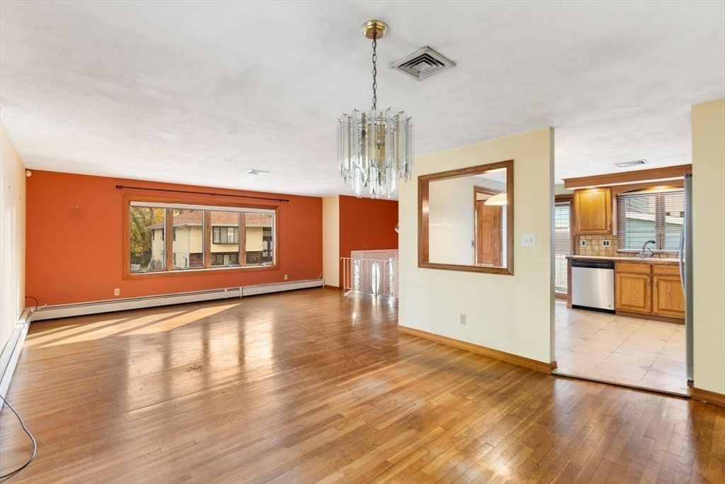 Chandelier, Empty room, Interior, Kitchen, Stainless Steel Appliances, Wood Texture Flooring