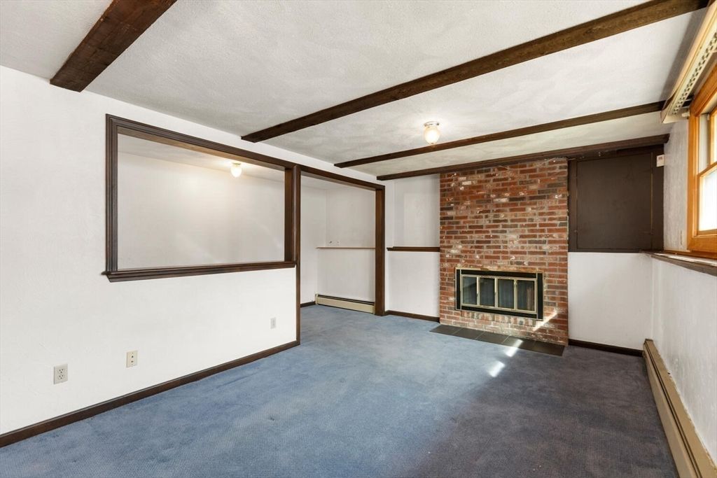 Empty room, Fireplace, Interior, Stone Walls, Wooden Beams