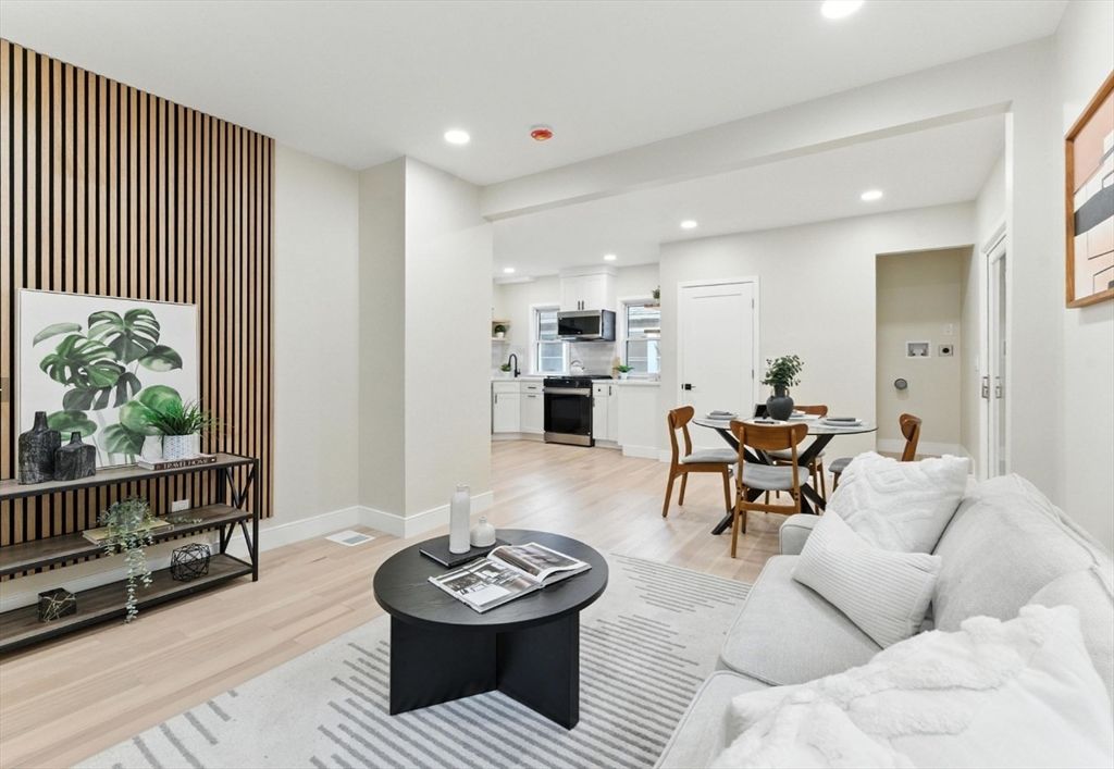 Dining room, Interior, Kitchen, Living room, Recessed Lighting, Stainless Steel Appliances, Wood Texture Flooring