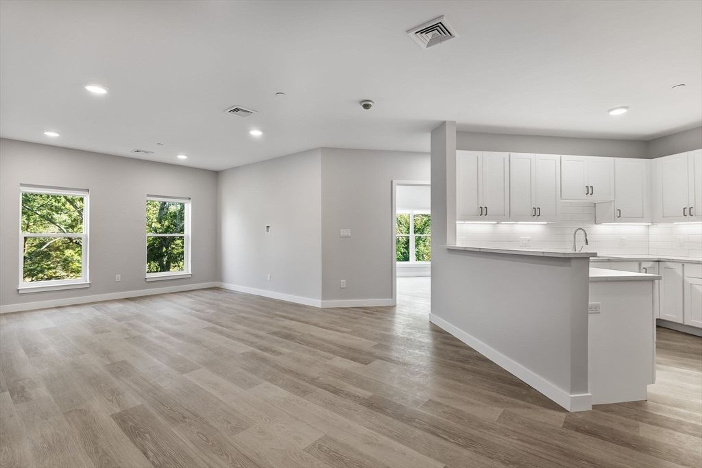 Empty room, Interior, Kitchen, Recessed Lighting, Wood Texture Flooring