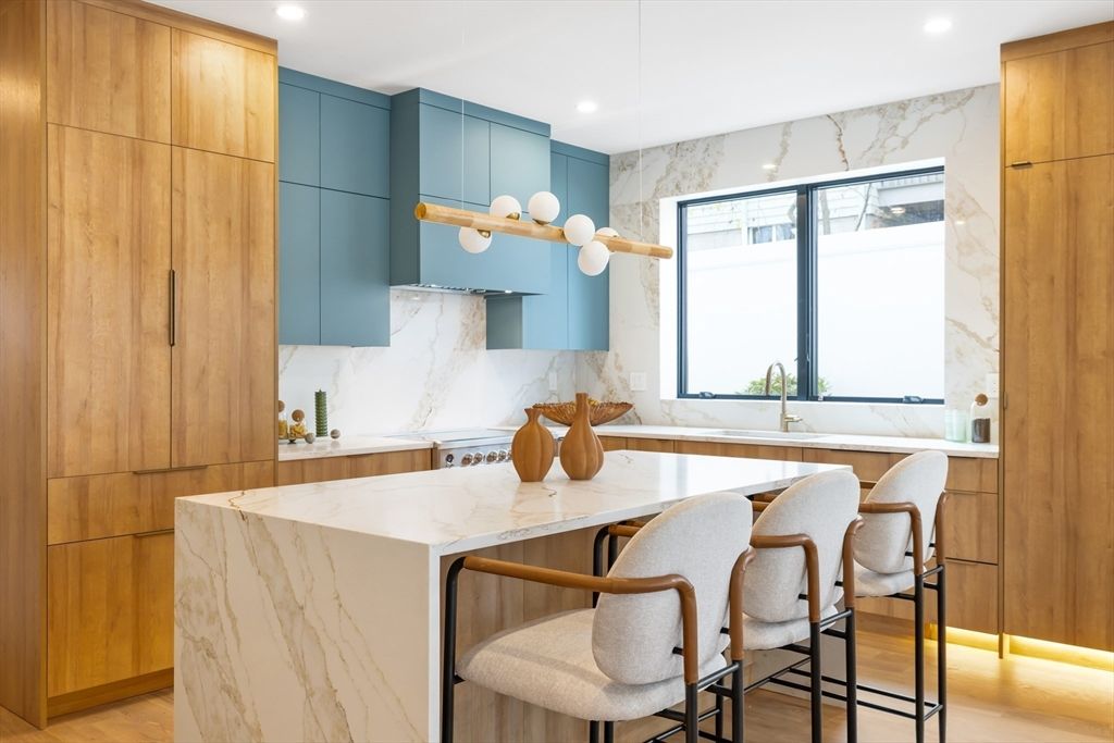 Interior, Kitchen, Marble Walls, Recessed Lighting, Wood Texture Flooring