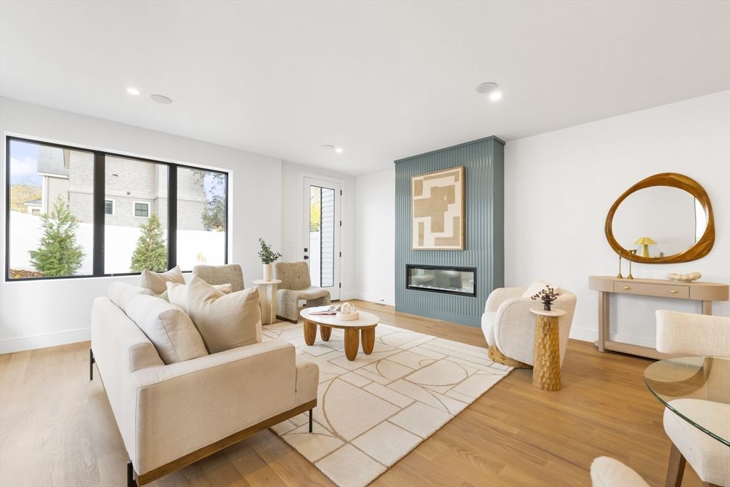 Fireplace, Interior, Living room, Recessed Lighting, Wood Texture Flooring