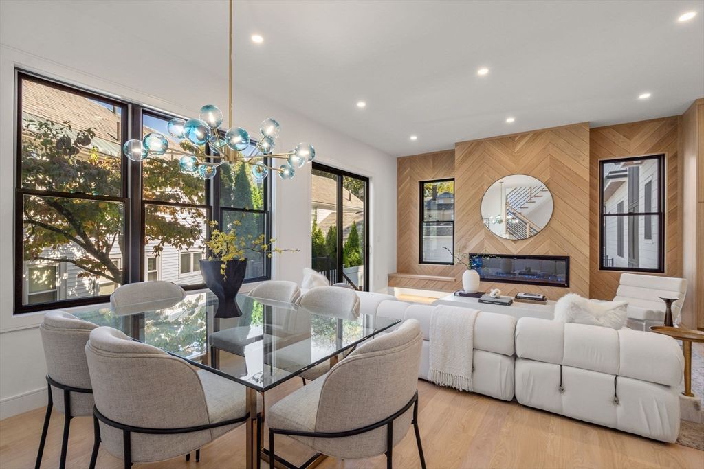 Dining room, Fireplace, Interior, Living room, Pendant Lights, Recessed Lighting, Wood Texture Flooring, Wooden Walls