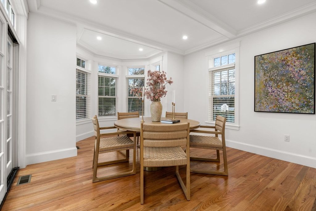 Dining room, Interior, Recessed Lighting, Wood Texture Flooring