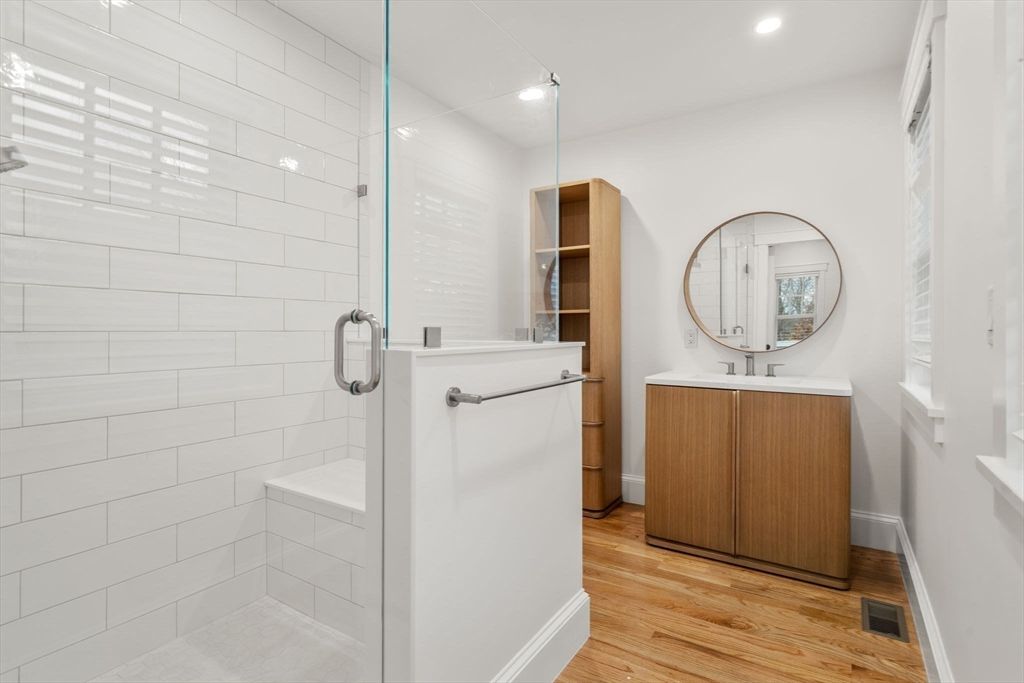 Bathroom, Glass Shower, Interior, Recessed Lighting, Wood Texture Flooring
