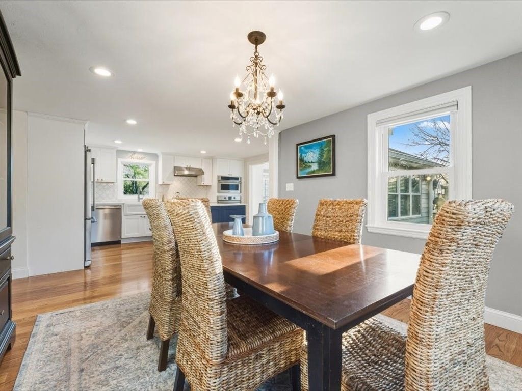 Chandelier, Dining room, Interior, Kitchen, Recessed Lighting, Stainless Steel Appliances, Wood Texture Flooring