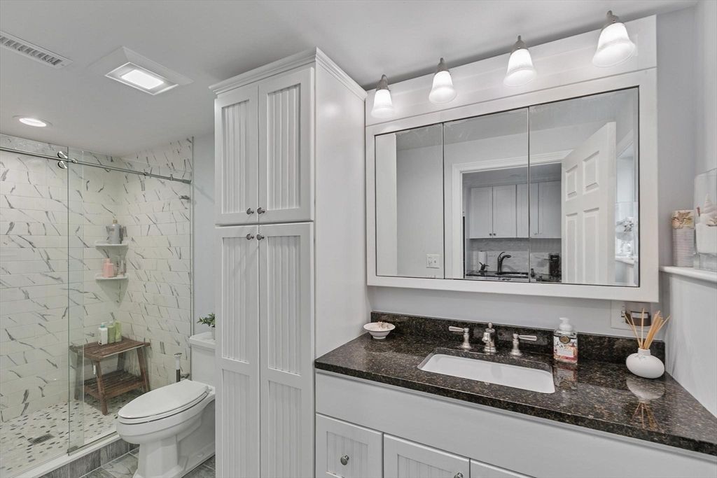 Bathroom, Glass Shower, Interior, Marble Walls, Recessed Lighting