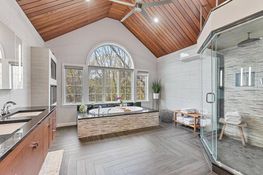 Bathroom, Glass Shower, Interior, Recessed Lighting, Wooden Ceilings, Wood Texture Flooring