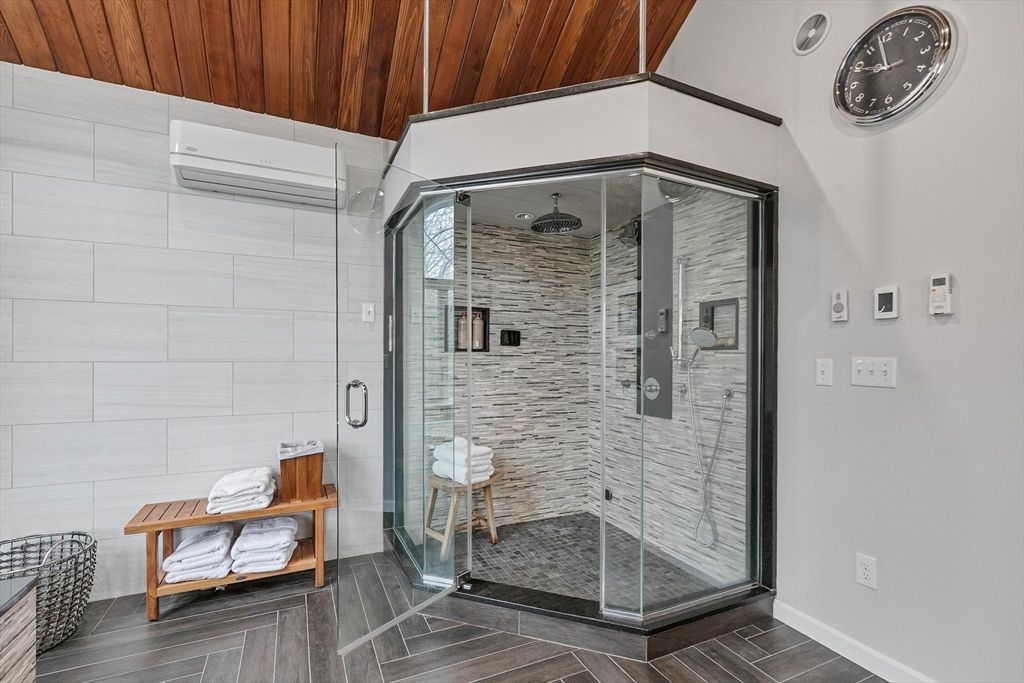 Bathroom, Glass Shower, Interior, Wooden Ceilings, Wood Texture Flooring