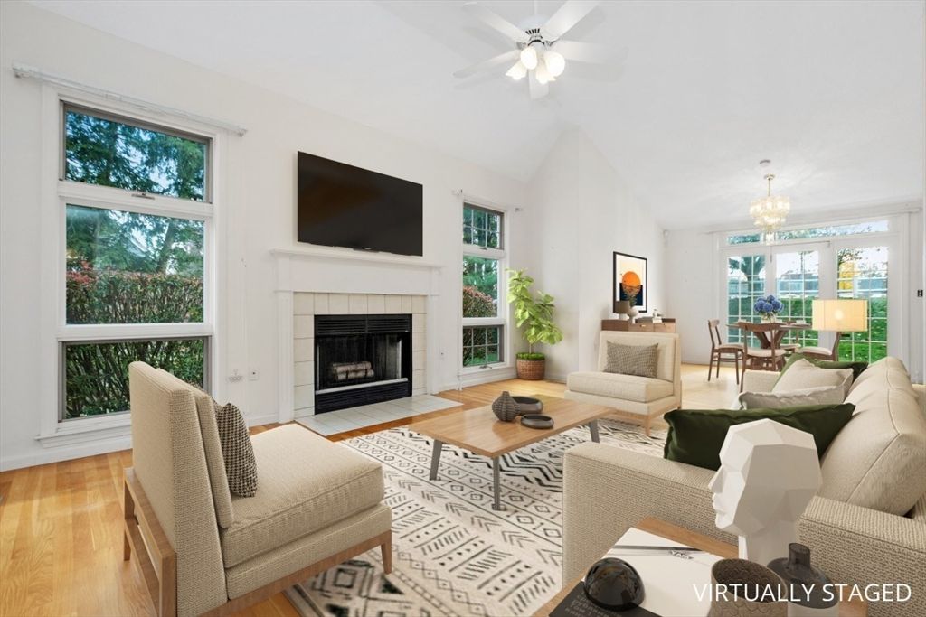 Chandelier, Dining room, Fireplace, Interior, Living room, Pendant Lights, Wood Texture Flooring