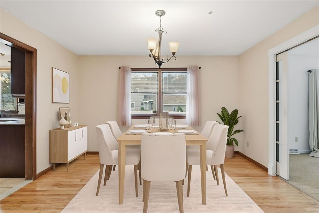 Chandelier, Dining room, Interior, Wood Texture Flooring