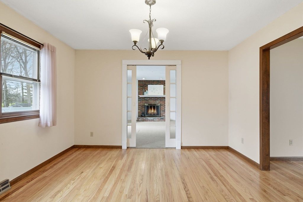 Chandelier, Empty room, Fireplace, Interior, Wood Texture Flooring