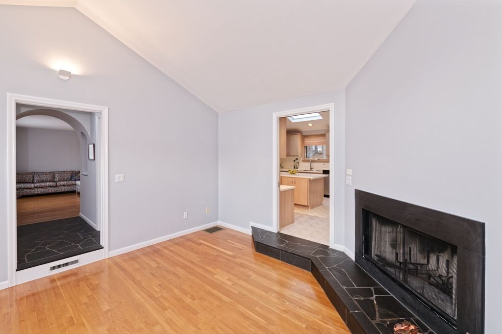 Fireplace, Interior, Kitchen, Recessed Lighting, Wood Texture Flooring