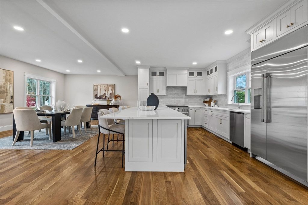 Dining room, Interior, Kitchen, Recessed Lighting, Stainless Steel Appliances, Wood Texture Flooring