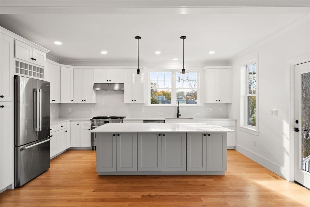 Interior, Kitchen, Pendant Lights, Recessed Lighting, Stainless Steel Appliances, Wood Texture Flooring
