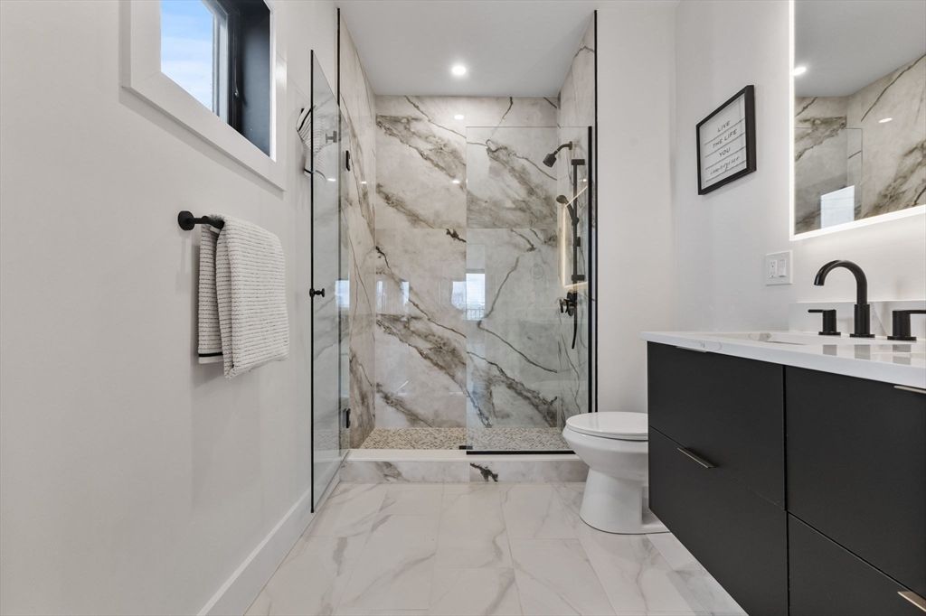 Bathroom, Glass Shower, Interior, Marble, Marble Walls, Recessed Lighting