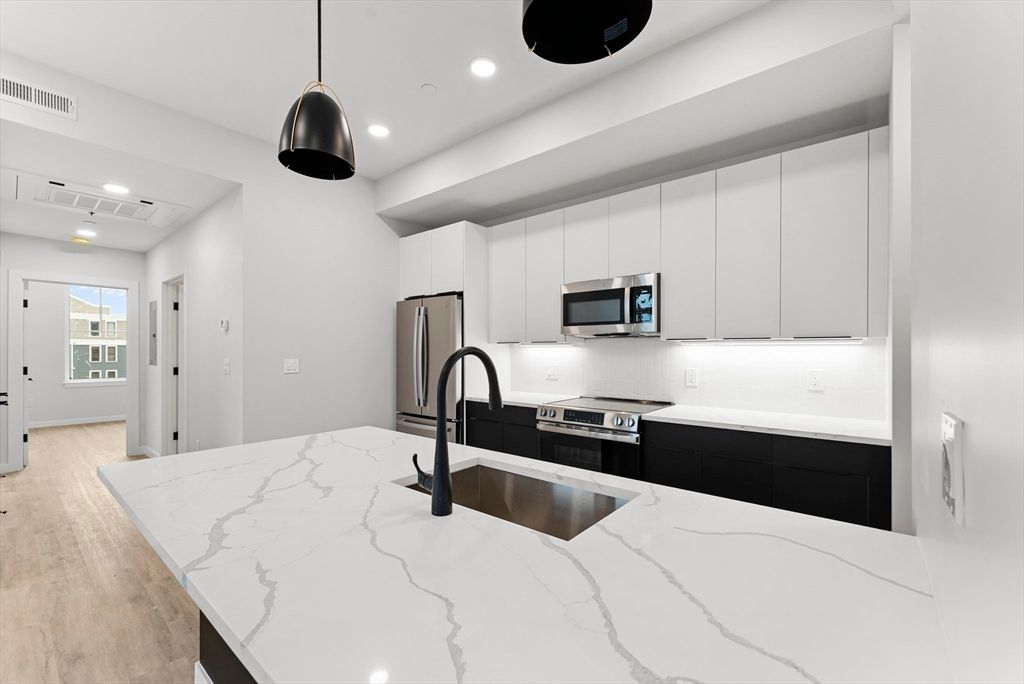 Interior, Kitchen, Pendant Lights, Recessed Lighting, Stainless Steel Appliances, Wood Texture Flooring