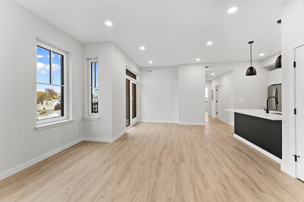 Empty room, Interior, Kitchen, Pendant Lights, Recessed Lighting, Wood Texture Flooring