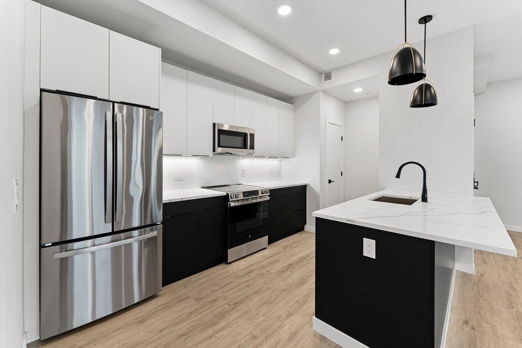 Interior, Kitchen, Pendant Lights, Recessed Lighting, Stainless Steel Appliances, Wood Texture Flooring