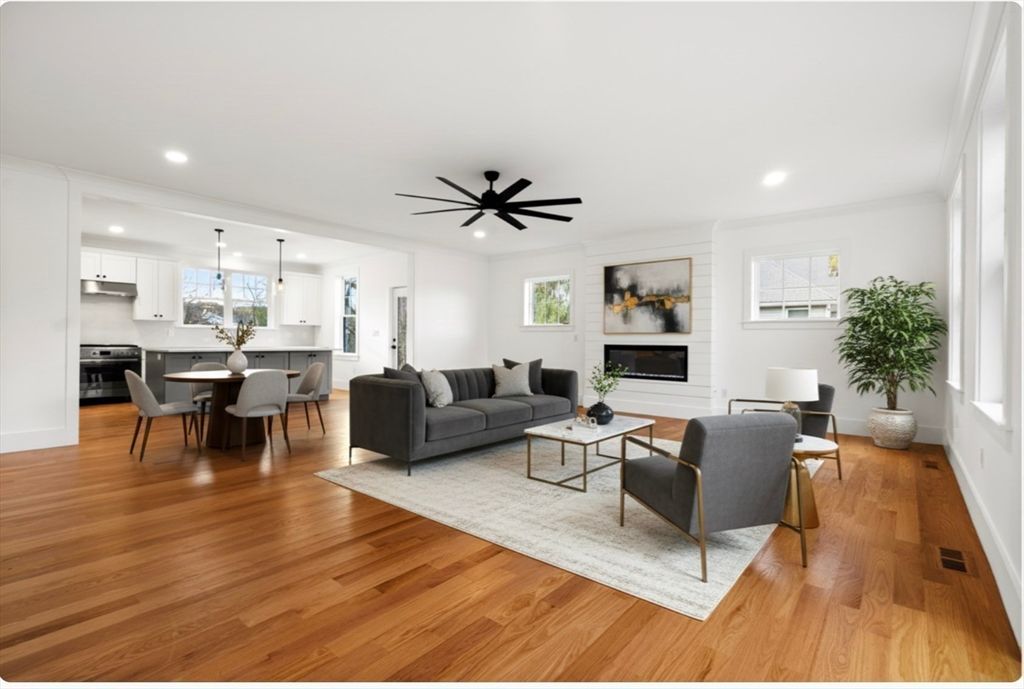 Dining room, Fireplace, Interior, Kitchen, Living room, Pendant Lights, Recessed Lighting, Stainless Steel Appliances, Wood Texture Flooring