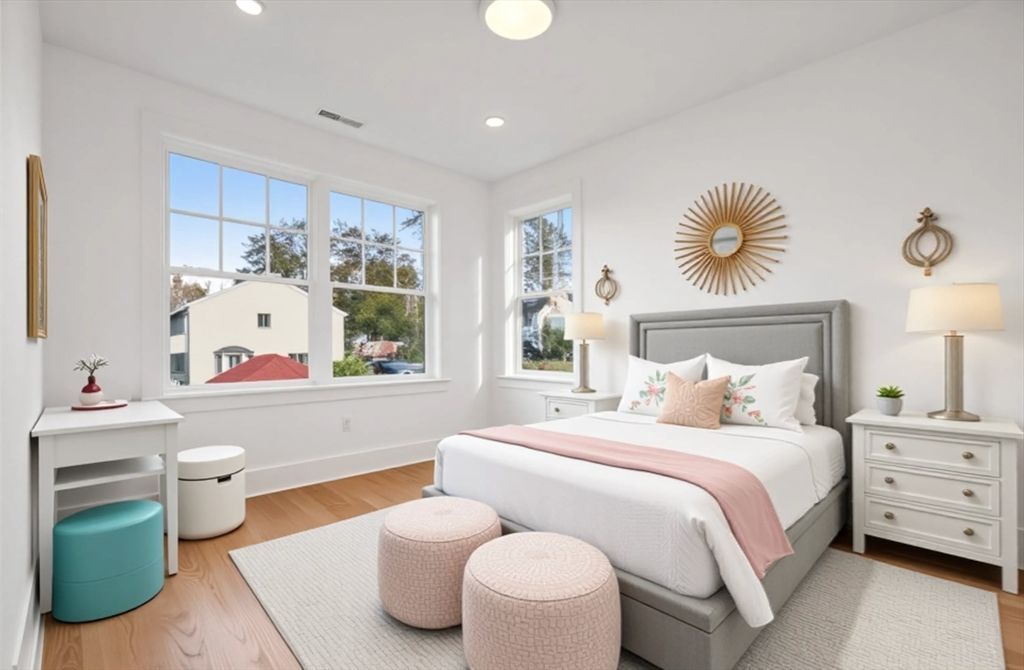 Bedroom, Interior, Recessed Lighting, Wood Texture Flooring