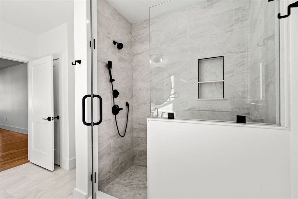 Bathroom, Glass Shower, Interior, Marble Walls, Wood Texture Flooring