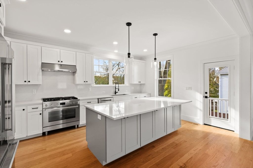 Interior, Kitchen, Pendant Lights, Recessed Lighting, Stainless Steel Appliances, Wood Texture Flooring