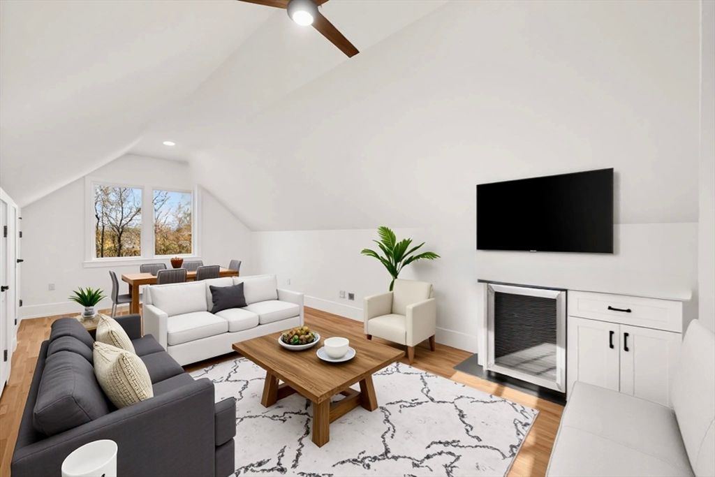 Dining room, Interior, Living room, Recessed Lighting, Wood Texture Flooring