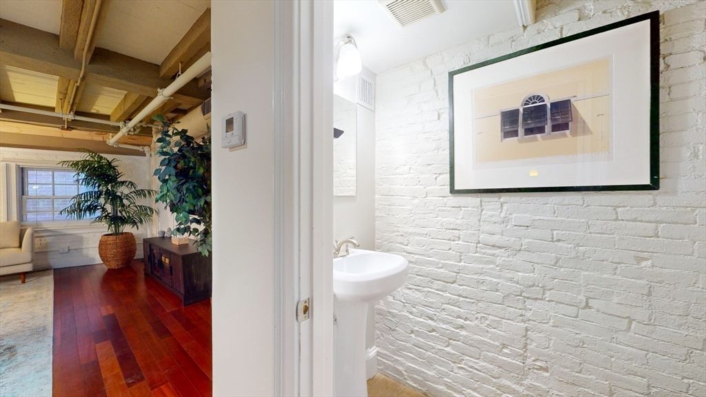 Bathroom, Interior, Stone Walls, Wooden Beams, Wood Texture Flooring