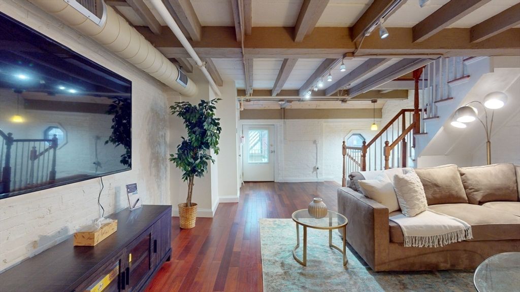 Interior, Living room, Pendant Lights, Stone Walls, Wooden Beams, Wood Texture Flooring