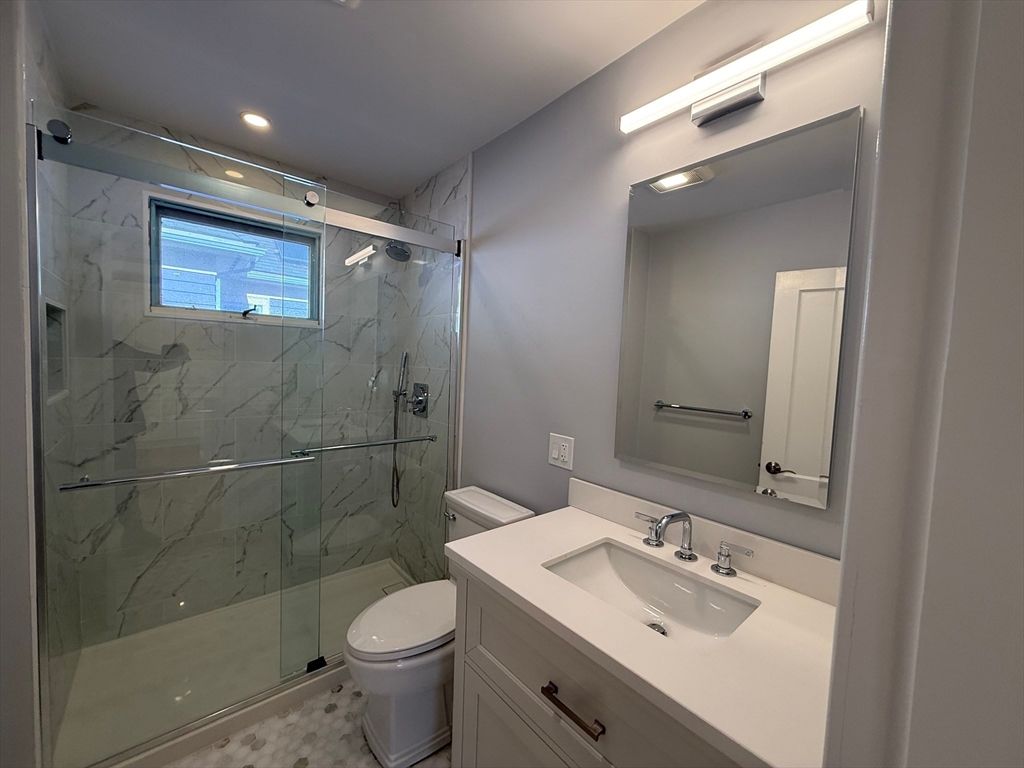 Bathroom, Glass Shower, Interior, Marble Walls, Recessed Lighting