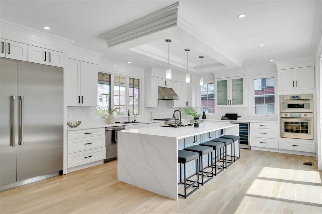 Interior, Kitchen, Pendant Lights, Recessed Lighting, Stainless Steel Appliances, Wood Texture Flooring