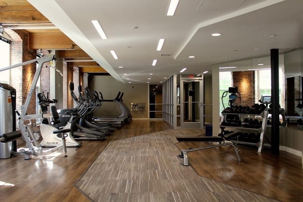 Fitness Equipment, Gym, Interior, Recessed Lighting, Wood Texture Flooring