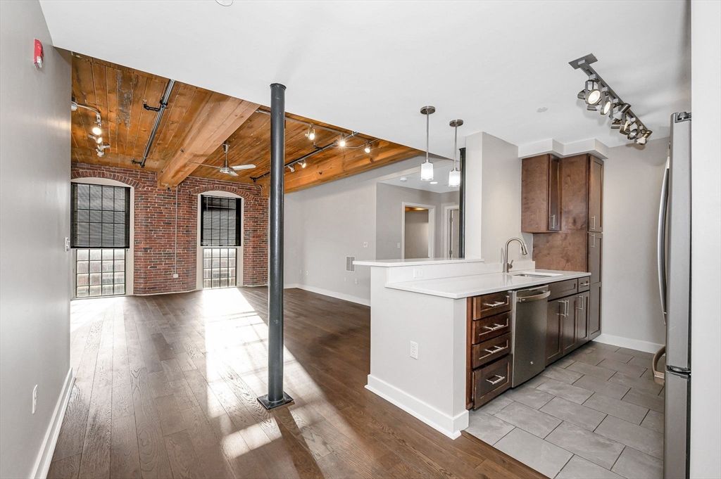 Interior, Kitchen, Pendant Lights, Stainless Steel Appliances, Stone Walls, Wooden Beams, Wooden Ceilings, Wood Texture Flooring