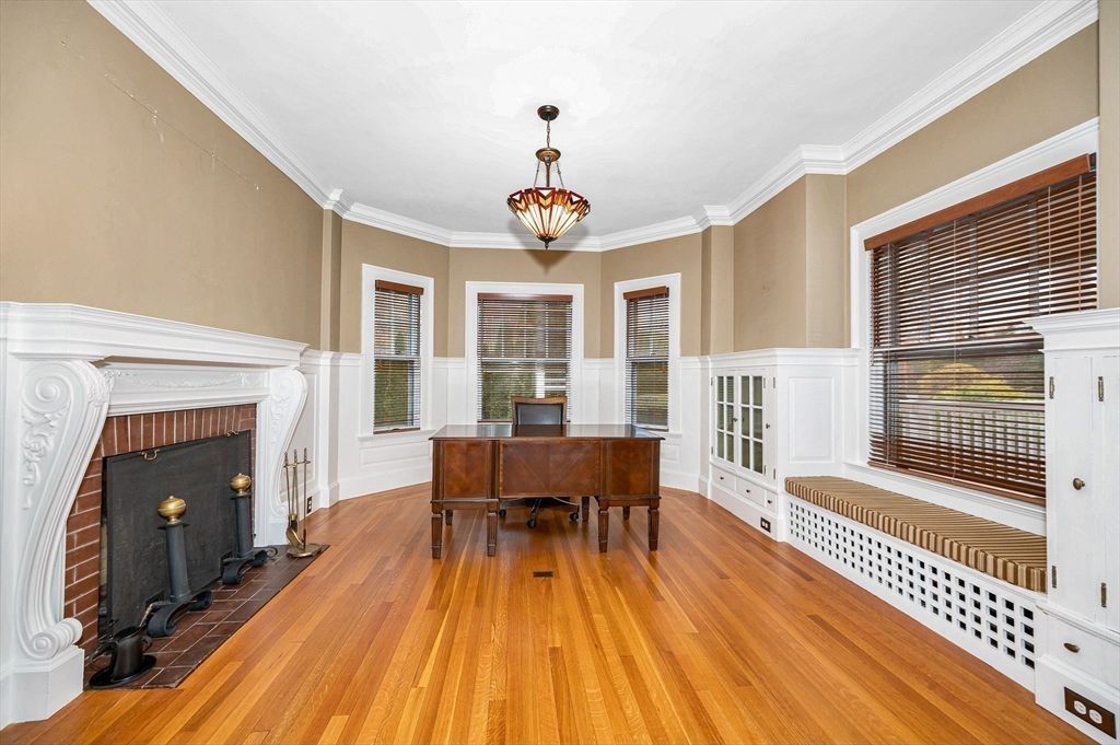 Fireplace, Home Office, Interior, Pendant Lights, Piano, Wood Texture Flooring