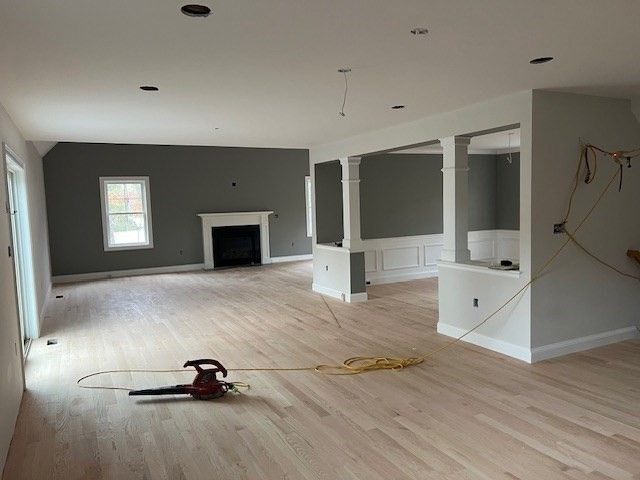Empty room, Fireplace, Interior, Recessed Lighting, Wood Texture Flooring