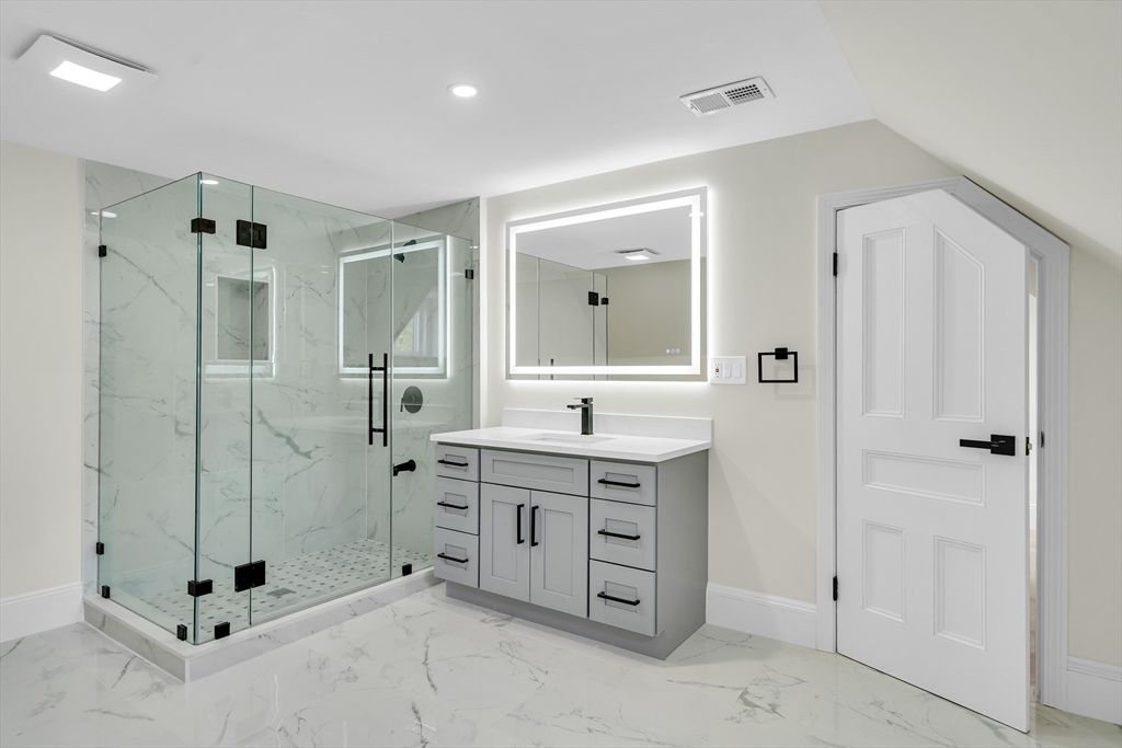 Bathroom, Glass Shower, Interior, Marble, Marble Walls, Recessed Lighting