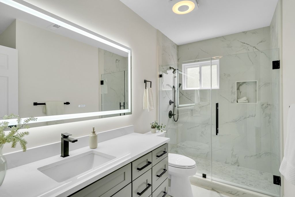 Bathroom, Glass Shower, Interior, Marble, Marble Walls, Recessed Lighting